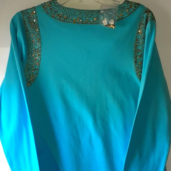 Quaker Factory Top Tunic Gold Sequin Embellished  Turquoise Blue Size Small - Picture 5 of 6